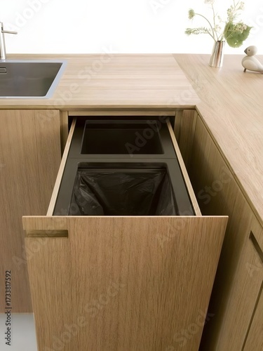Wooden Kitchen Cabinet with Integrated Trash Can Drawer Solution