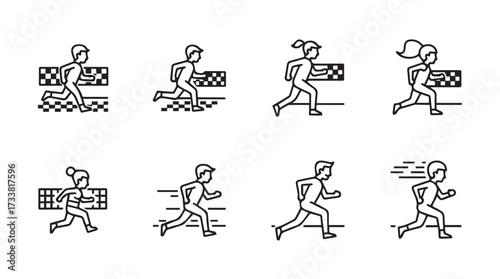 Collection of diverse runners in motion with finish line and hurdles hand drawn style vector