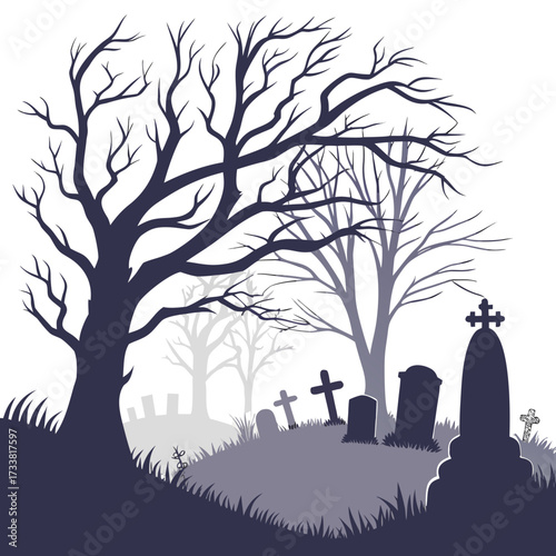 Dark graveyard scene with bare trees and tombstones