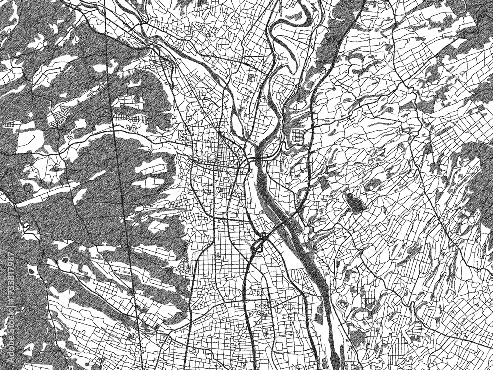 Naklejka premium Stylized black and white urban map of Shibukawa, Japan, hand-drawn style for decor and creative use.