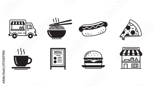 Assortment of hand-drawn fast food icons representing delicious street eats and cafe delights vector