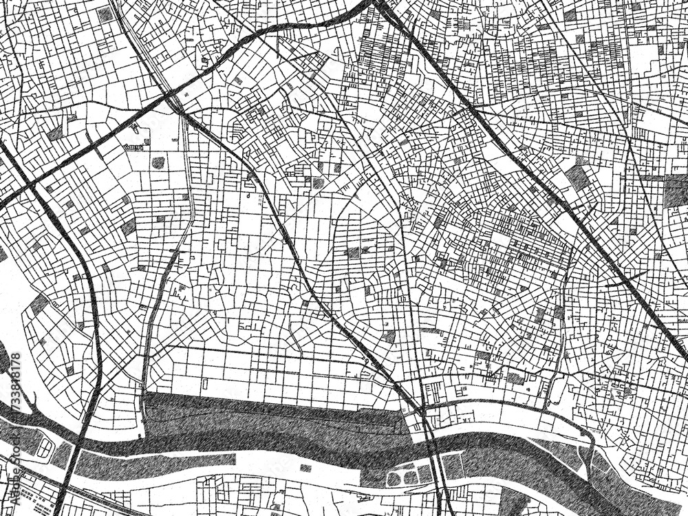 Naklejka premium Hand-drawn style black and white city map of Shimotoda, Japan, ready for wall art or editorial projects.