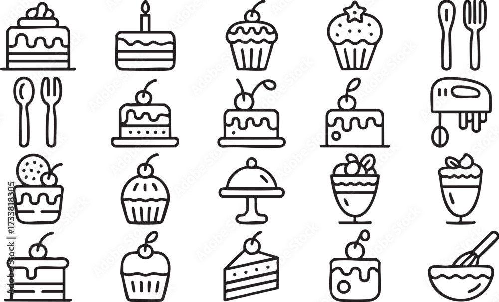 Fototapeta premium Dessert vector line icons set with cakes cupcakes and baking utensils for food design illustrations