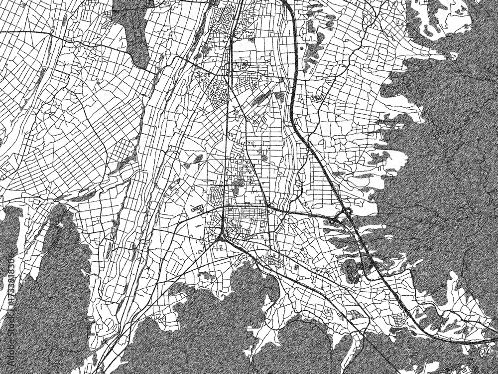 Fototapeta premium Stylized black and white urban map of Shiojiri, Japan, hand-drawn style for decor and creative use.