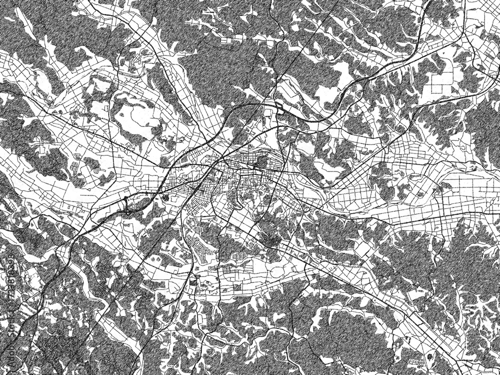 Naklejka premium Artistic monochrome city map of Shirakawa, Japan, created in a hand-drawn style.