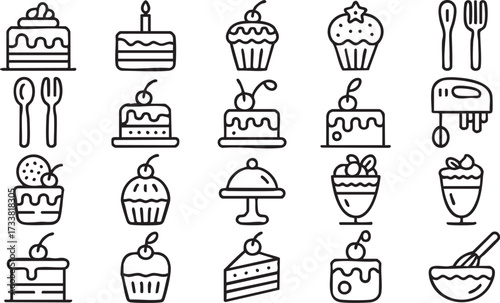 Dessert vector line icons set with cakes cupcakes and baking utensils for food design illustrations