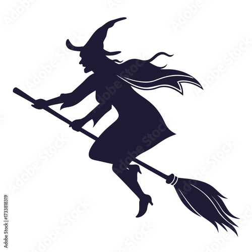 Dark purple witch silhouette flying on broomstick Halloween