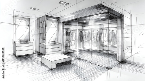 Hand-drawn pencil sketches of modern interiors with detailed furniture and decor. Minimalist, contemporary style illustrations perfect for architecture, design, and concept visuals.