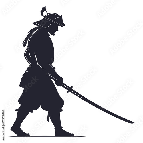 Dark silhouette of a walking samurai warrior with sword
