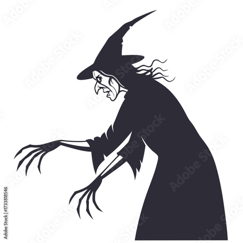 Dark Silhouette of an Evil Witch with Pointed Hat and Claws