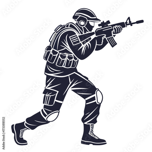 Dark Silhouette of Soldier Aiming Rifle on White Background 1