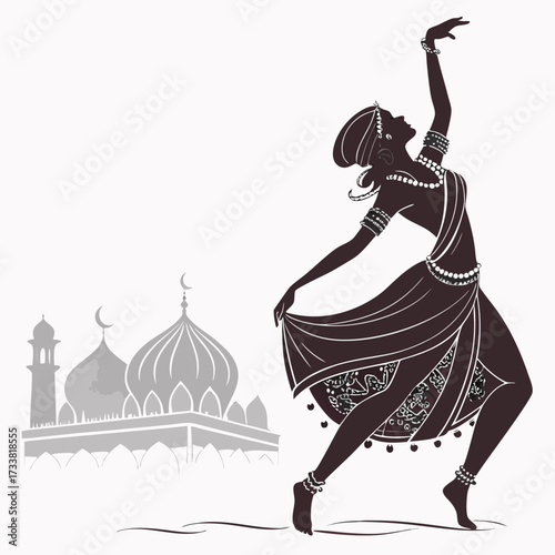 Dark silhouette of a woman in traditional Indian dance pose with mosque background