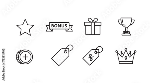 Collection of hand drawn outline icons representing rewards bonuses gifts trophies and prizes vector