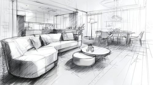 Hand-drawn pencil sketches of modern interiors with detailed furniture and decor. Minimalist, contemporary style illustrations perfect for architecture, design, and concept visuals.