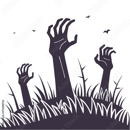 Dark zombie hands rising from grass with birds graveyard
