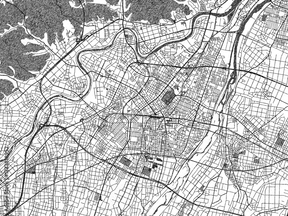 Naklejka premium Detailed artistic sketch map of Takaoka, Japan, in monochrome black and white.