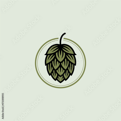 Hop cone badge, botanical beer ingredient icon, craft brewing leaf bud, clean round outline, premium brewery vector