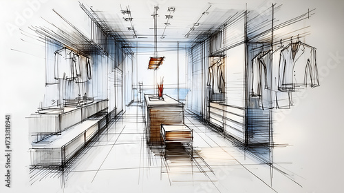 Hand-drawn pencil sketches of modern interiors with detailed furniture and decor. Minimalist, contemporary style illustrations perfect for architecture, design, and concept visuals.