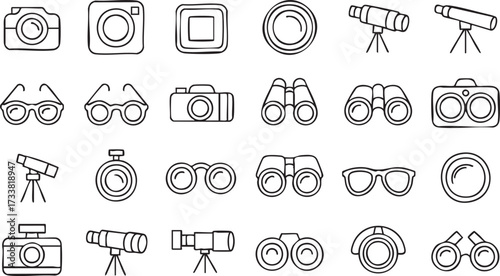 Photography outline icons pack with line art cameras lenses binoculars and travel exploration tools
