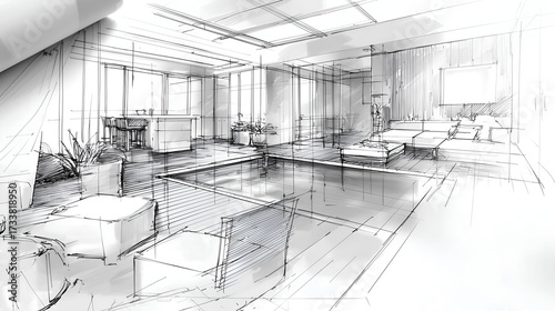 Hand-drawn pencil sketches of modern interiors with detailed furniture and decor. Minimalist, contemporary style illustrations perfect for architecture, design, and concept visuals.