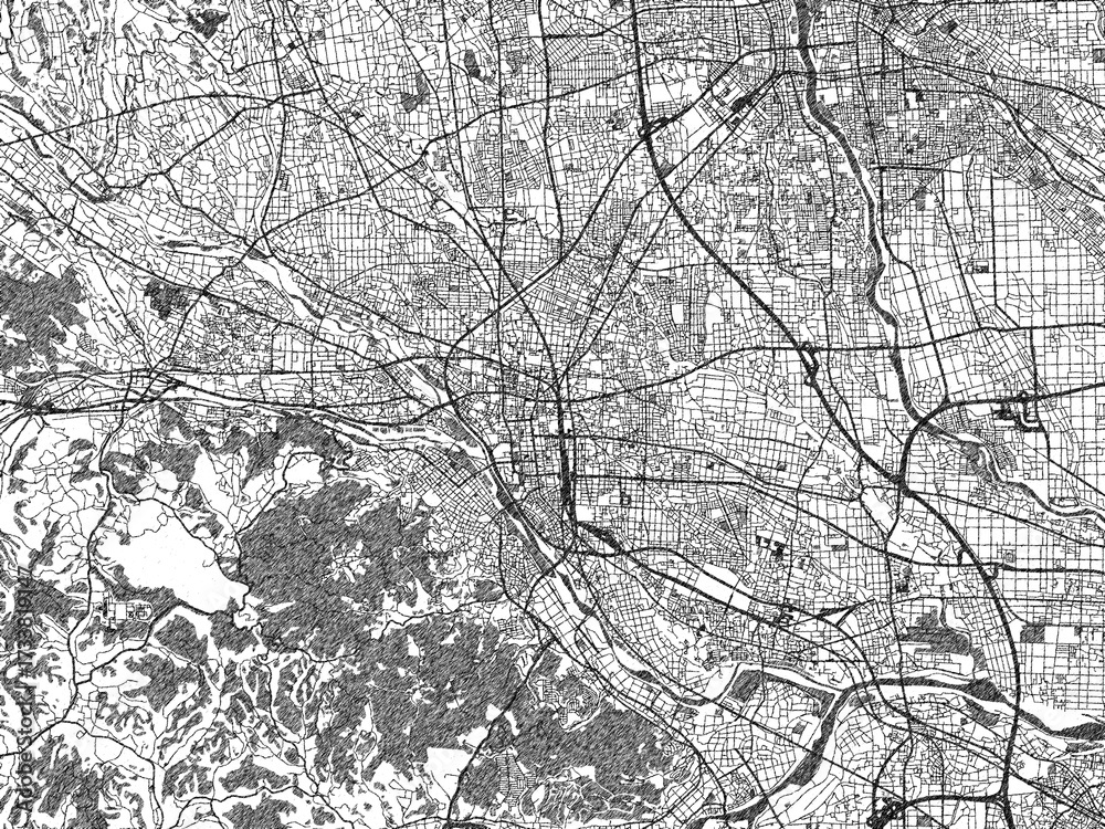 Fototapeta premium Black and white illustrated map of Takasaki, Japan, with streets, rivers, and neighborhoods.