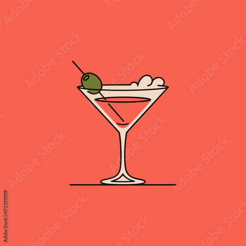 Minimal cocktail glass illustration, martini with olive, elegant bar menu icon, nightlife lounge branding, trendy mixology vector