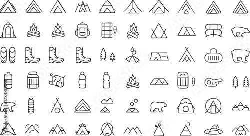 Minimalist camping line icons set with mountain tents outdoor equipment and travel designs