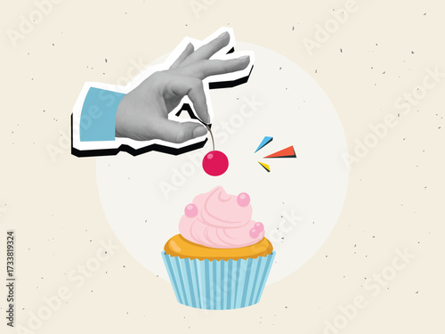 A black and white hand places a red cherry on a cupcake with cream. Modern photo collage style. Vector illustration