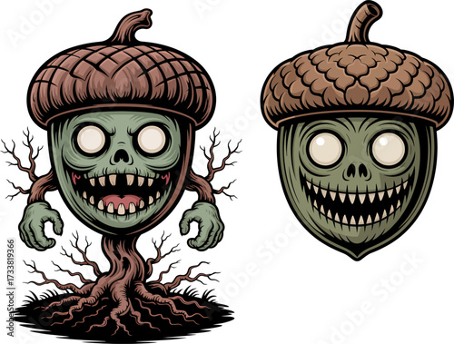 Creepy Acorn Monster Mascot with Zombie Face Illustration