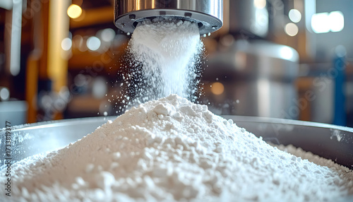 Powdered Substance Manufacturing: An industrial machine meticulously dispenses a fine, powdered substance into a metal receptacle, highlighting the precision and scale of the industrial process.