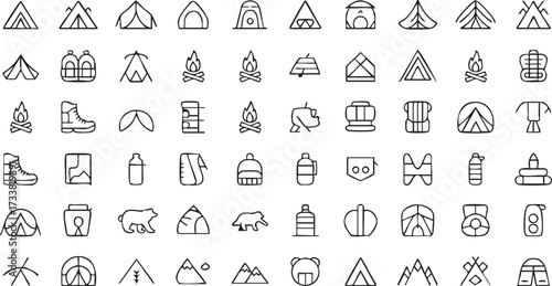 Hiking and camping line art icons collection with tents mountains and travel exploration elements