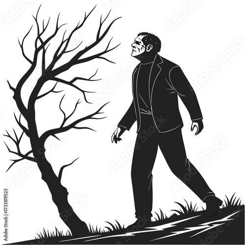 Frankenstein silhouette walking near bare tree monster