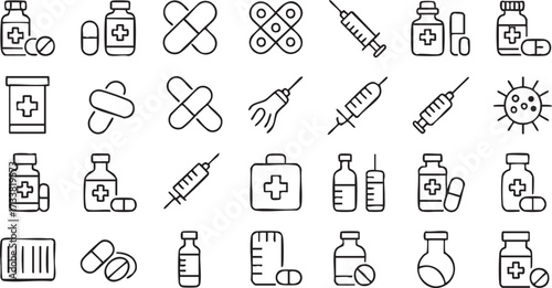 Hospital and healthcare vector icons collection with line art medicine capsules and therapy tools