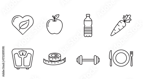 Healthy lifestyle icons set apple water bottle carrot scales dumbbell plate fork knife vector