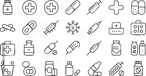 Medical vector line icons set with pills syringes bottles and healthcare treatment design elements