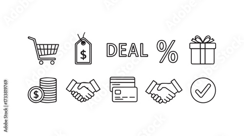 Collection of hand drawn icons representing shopping deals and transactions with a deal sign vector