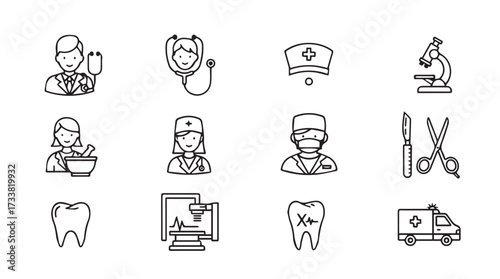 Collection of medical icons doctor nurse stethoscope ambulance microscope dental care and equipment doodle style vector