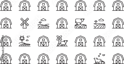 Rural farm icons set with line drawing barns animals and fields for countryside design projects