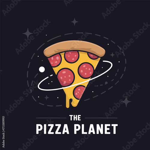 pizza planet logo, slice with rings, cosmic food theme, fun pizzeria branding, galaxy style, bold vector