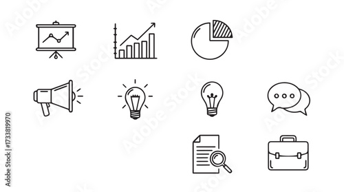 Doodle business icons set featuring graphs pie chart lightbulb megaphone briefcase document magnifying glass speech bubbles vector