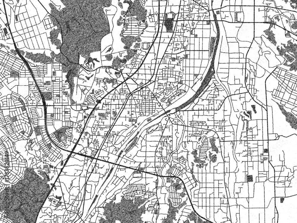 Naklejka premium Artistic urban sketch of Tondabayashicho, Japan, detailed in black and white map form.