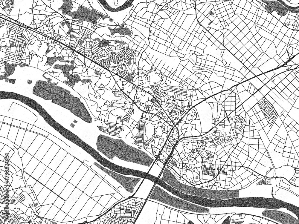 Naklejka premium Hand-drawn style black and white city map of Toride, Japan, with detailed streets and textures.