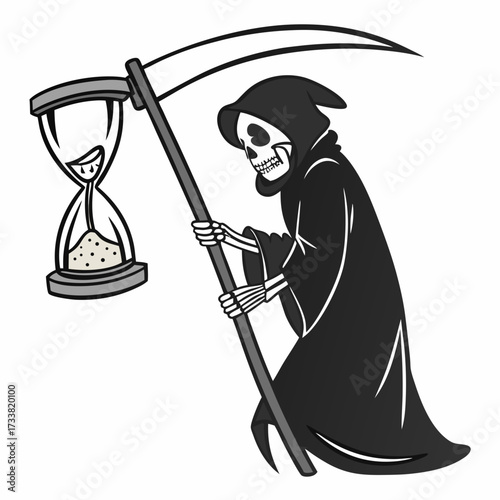 Grim Reaper holding hourglass with sand falling death