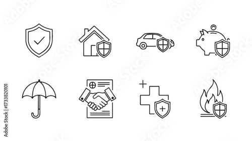 Insurance icons set covering protection for home auto health family and business security vector