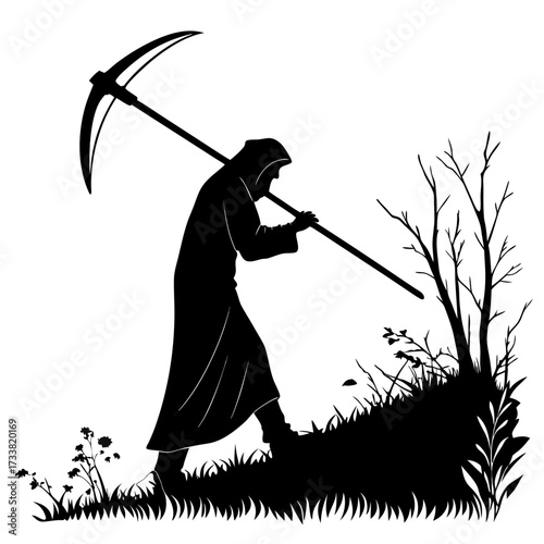Grim Reaper silhouette with scythe in grassy landscape