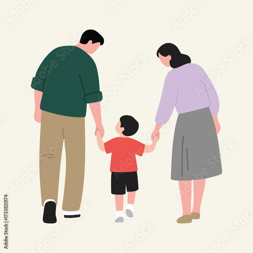 Flat family illustration of parents holding hands with their child, symbolizing love, care, and togetherness.