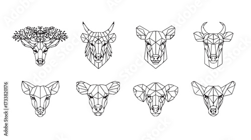 Collection of geometric tribal animal head silhouettes for abstract wildlife art design vector