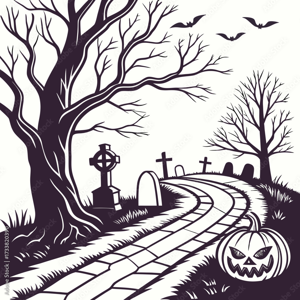Fototapeta premium Halloween graveyard pathway with jack o lantern and bats