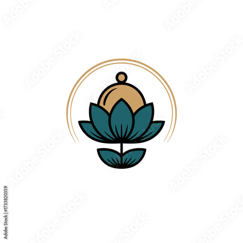 golden arc lotus emblem, refined service cloche motif, fine dining wellness brand, balanced hospitality symbol, minimal vector illustration