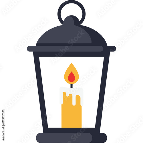 A simple illustration of a dark lantern with a lit candle inside casting a warm glow on its surroundings silhouette